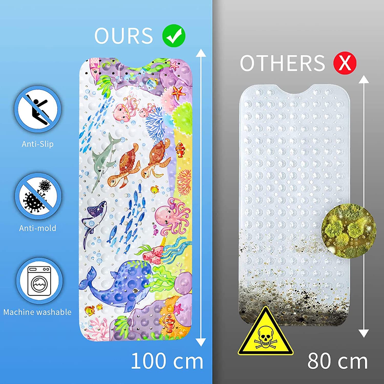 Antypoślizgowa mata do wanny dla dzieci (100 x 40 cm), obraz zwierząt morskich, mata łazienkowa z 200 przyssawkami, antypoślizgowa mata do wanny na baby shower, antypoślizgowa, odporna na