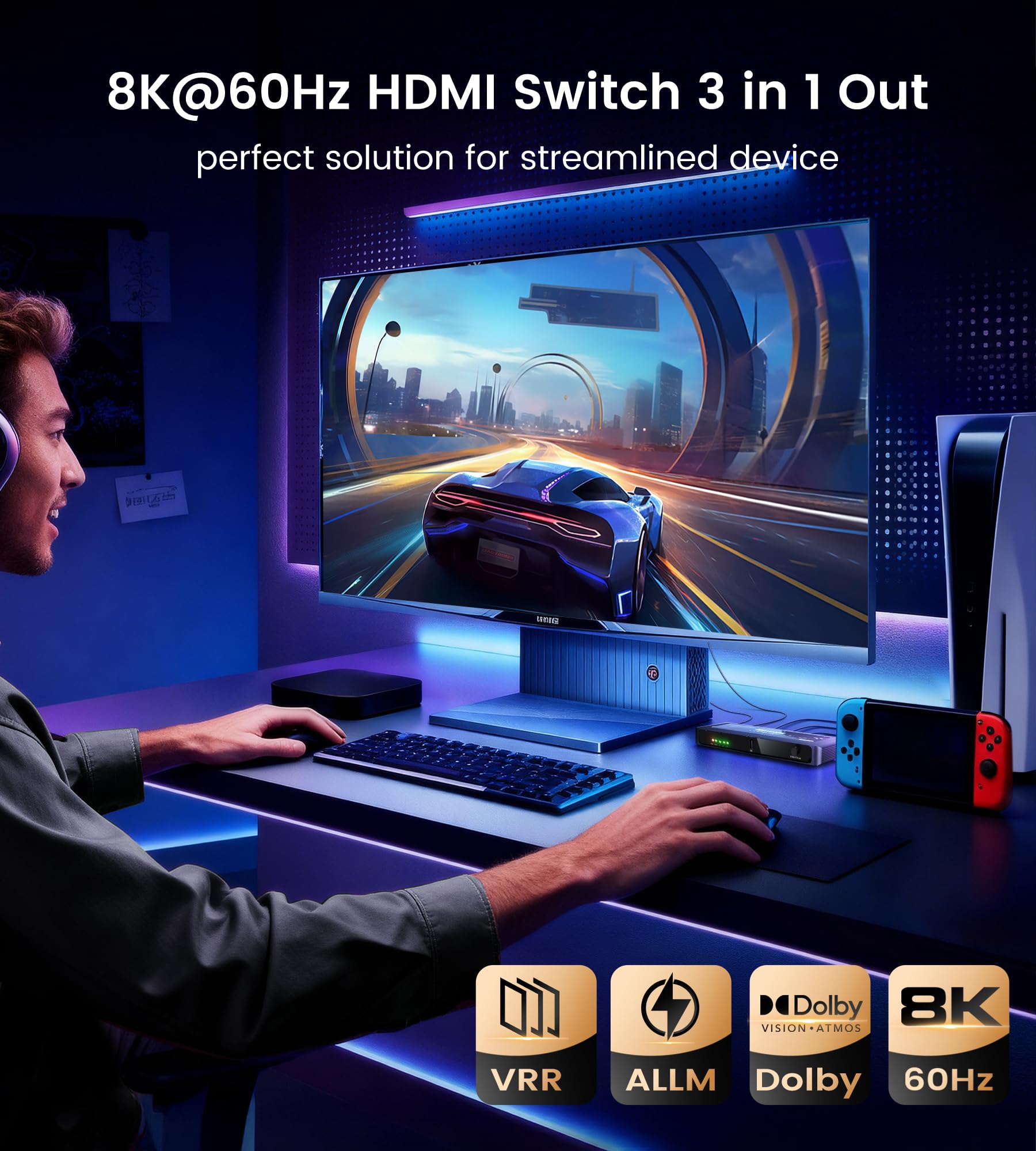 NEWCARE 8K HDMI Switch 3 wejścia 1 wyjście, 4K@120Hz aluminiowy przełącznik HDMI 3 wejścia 1 wyjście z pilotem, 3 porty HDMI Switcher Obsługuje 8K@60Hz 48Gbps HDR10+ VRR