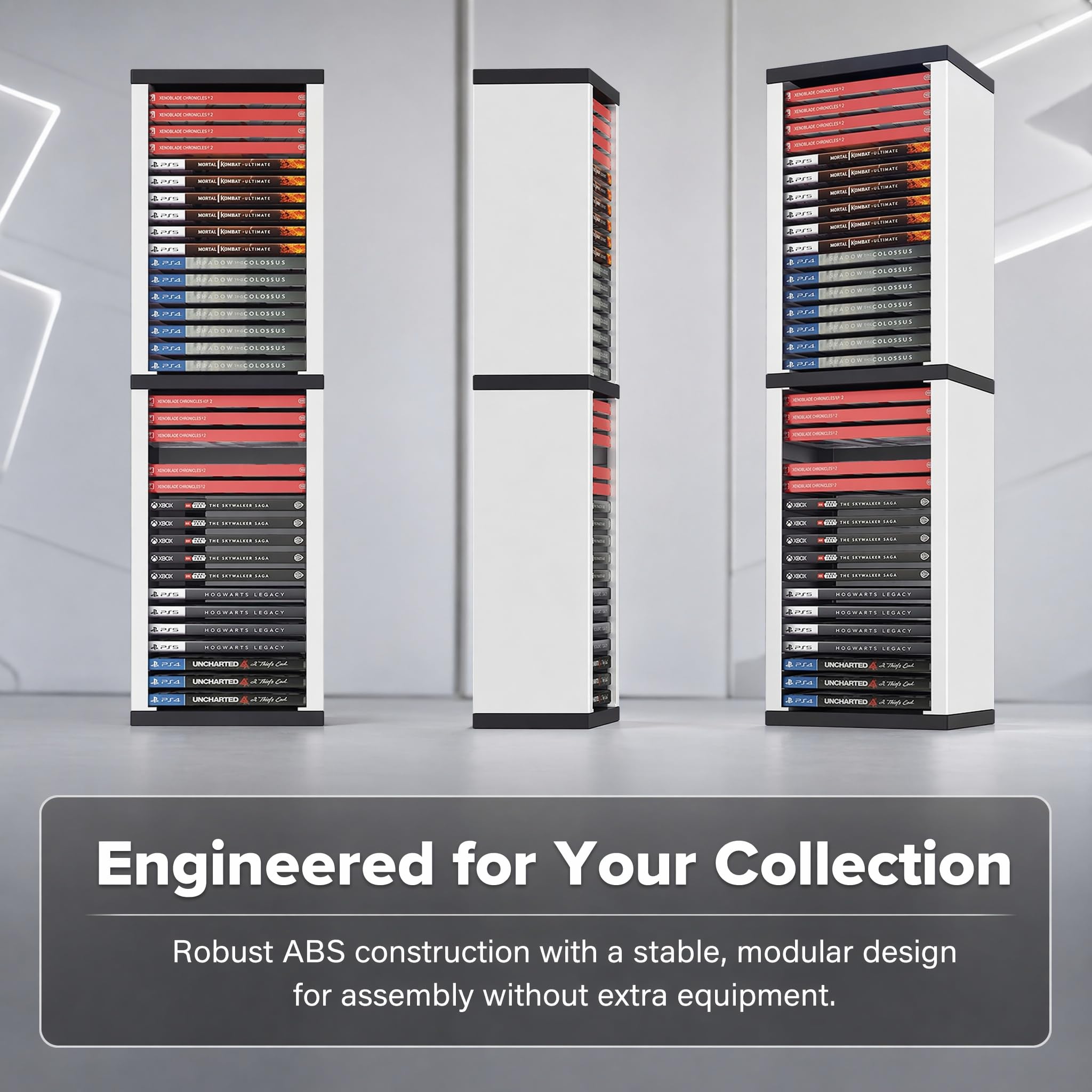 Game Disc Box Storage Rack, Universal Vertical Stand Blu-ray Media Storage Shelf Holder for PS5 Holds 36 Discs Space-Saving Design for Living Room Bedroom Office, White + Black
