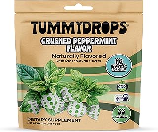 tummydrops, No Sugar Crushed Peppermint Flavor, Gluten Free & Vegan, 33 Individually Wrapped Pure Peppermint Oil Lozenges Made with Organic Monkfruit