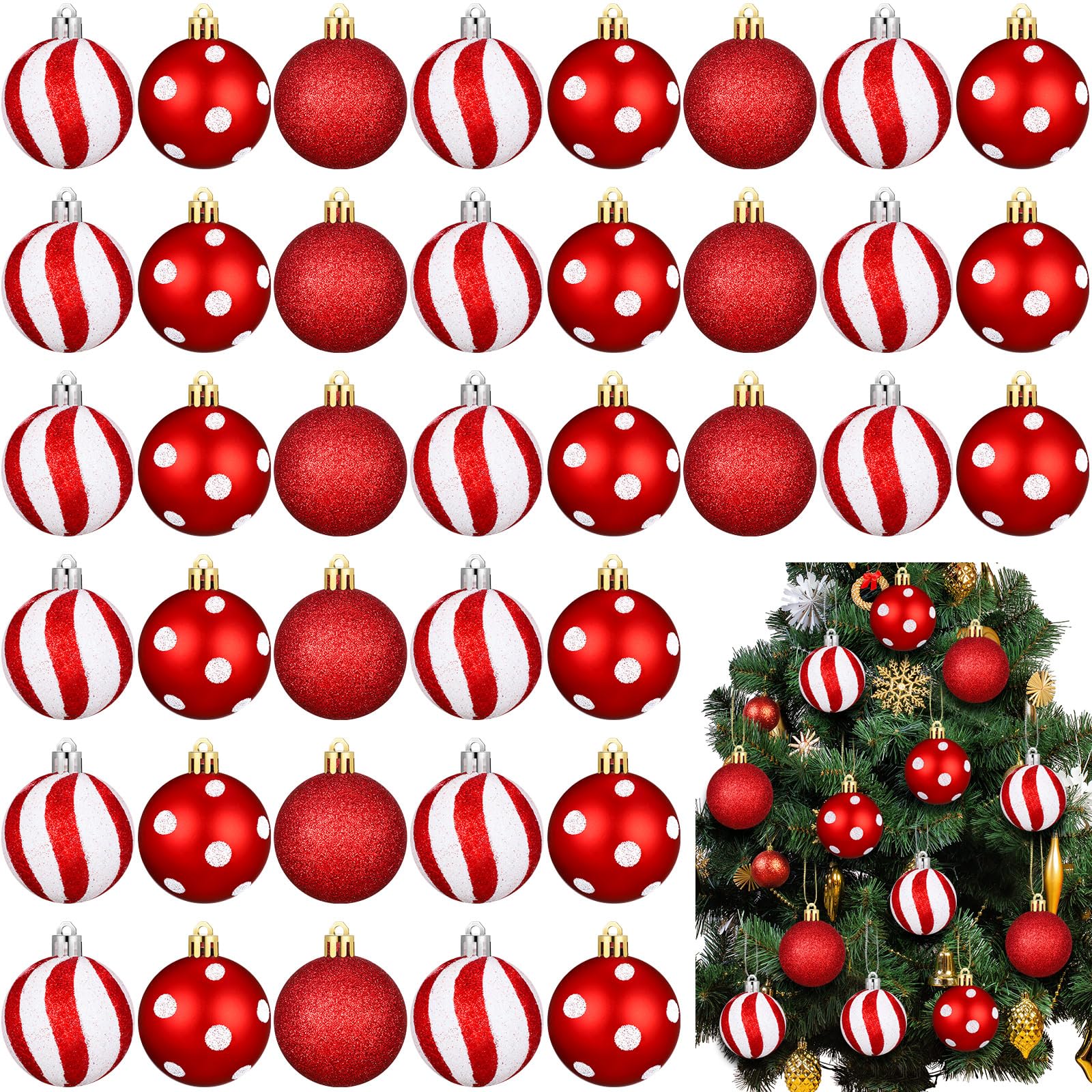 Lenwen 54 Stück Weihnachtskugeln Ornamente Mini rot und weiß Weihnachtsbaum Ornamente Xmas gestreifte Punkte bruchsicher Kunststoff hängende Ornamente für Baum, Urlaub, Party, Weihnachtsdekoration, 3