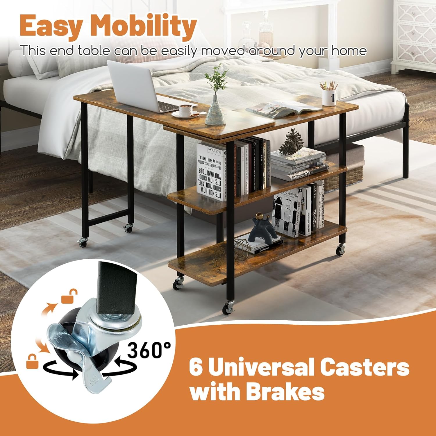 GOFLAME 360° Rotating Sofa Side Table, Mobile End Table Couch Side Table with 2-Tier Storage Shelves, Swivel Rolling Desk w/Metal Frame, 6 Casters, Movable Laptop Table for Home Office, Brown