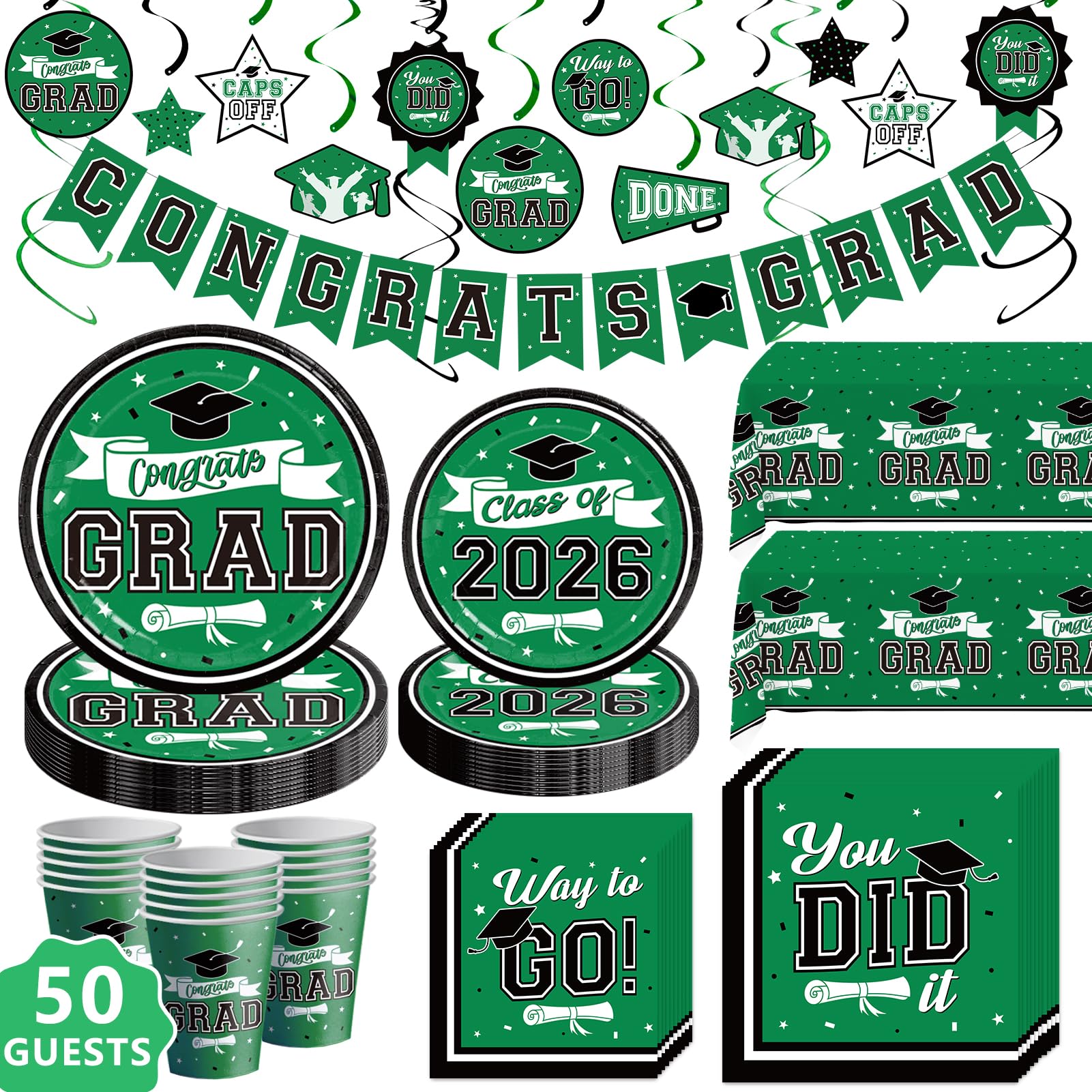 Photo 1 of ***SMALL PLATES ONLY*** DAZONGE 2026 Graduation Decorations Green, Graduation Party Decorations for 50 Guests, Disposable Class of 2026 Decorations Tableware Set, Plates,