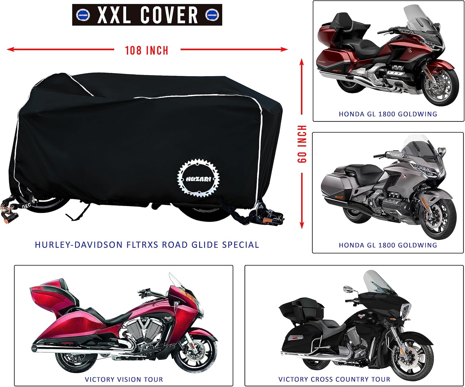 Nuzari Premium Motorcycle Cover - Motorcycle Covers Waterproof Outdoor Storage - Harley Davidson Motorcycle Cover - Bike Covers - Motorcycle Accessories XXL