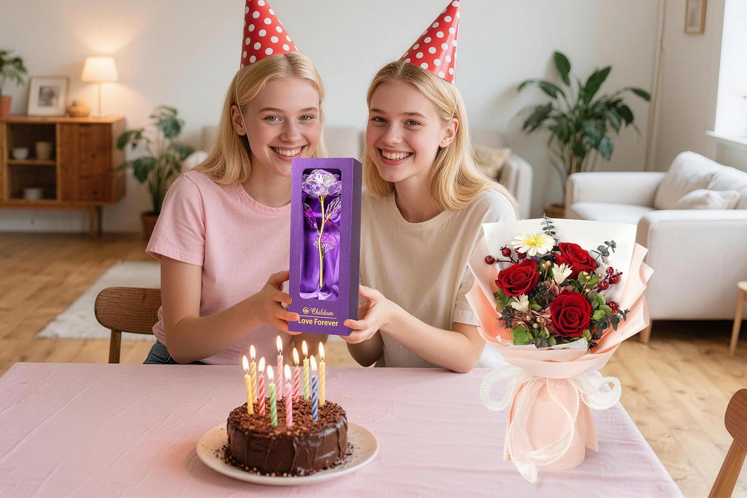 Childom Birthday Gifts for Women,Colorful Artificial Flower,Red Real Roses Bouquets,Preserved Flowers Gifts for Her,Wife,Sweet Rose Gift for Mom Women Grandma Anniversary Valentines Mothers Day