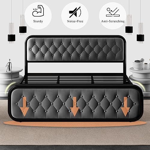 Miniatura 5 de Feonase Base de cama tamaño King, cama de plataforma tapizada con cabecera capitonada de botón, marco de cama moderno con listones de metal fuertes,