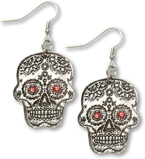Sugar Skull Pewter Earrings with Red Austrian Crystal Stones
