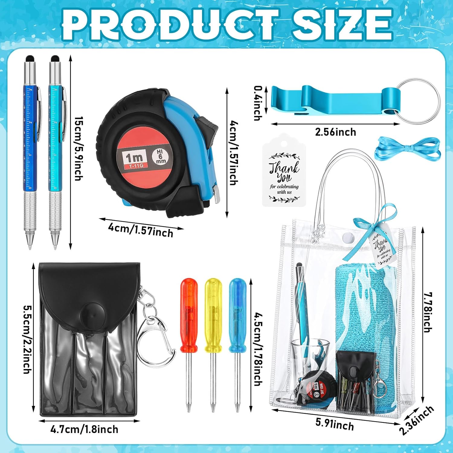 Leinuosen 12 Set/ 96 Pcs Baby Shower Game Prizes for Men with Cleaning Cloth Screwdriver Measuring Tape Bottle Opener Keychain Tool Pen Bags Baby Shower Prizes for Winner Bachelor Party(Blue)