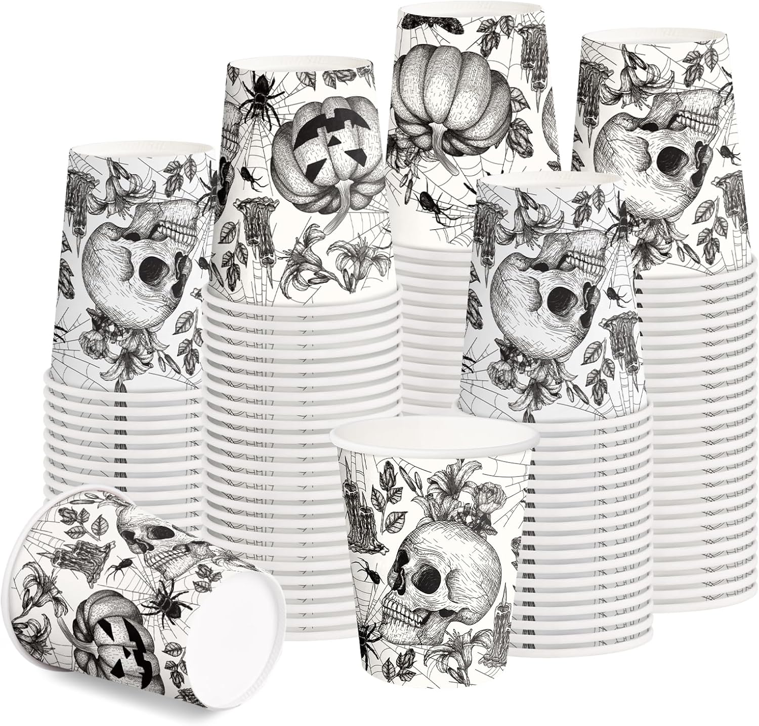 RUSPEPA 9oz Halloween Paper Cups, 50 Pack Vintage Black & White Skull Pumpkin Spider Web Design Disposable Hot/Cold Beverage Party Cups for Halloween Party, Gothic Theme, Holiday Gathering, Daily Use