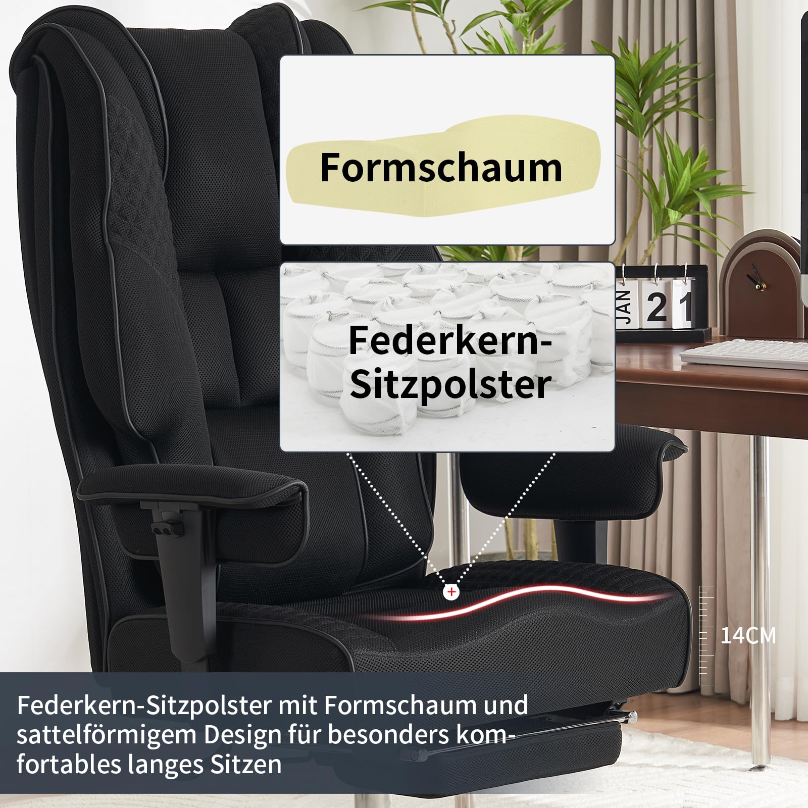 EXCEBET Silla de Oficina Ejecutiva de Malla 180kg - Silla de Escritorio Ergonómica para Personas Grandes con Asiento de 14 cm de Muelles Ensacados, Silla Gamer Transpirable (Malla Negra)