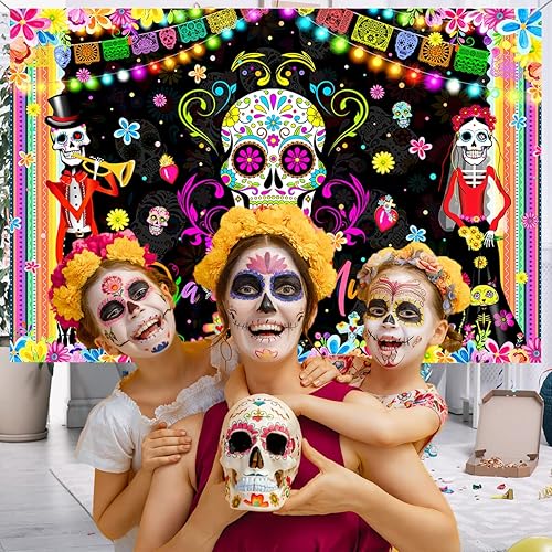 Miniatura 5 de Decoración de telón de fondo del Día de la Muerte, suministros de fiesta del Día de los Muertos, calavera de azúcar mexicana para decoración de