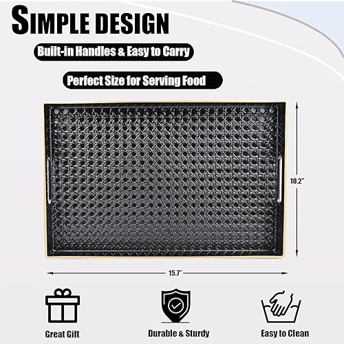Miniatura 2 de Bandeja decorativa negra para mesa de café, bandeja de servir rectangular de plástico con asas para sala de estar, otomano, baño, 15.7*10.2 pulgadas