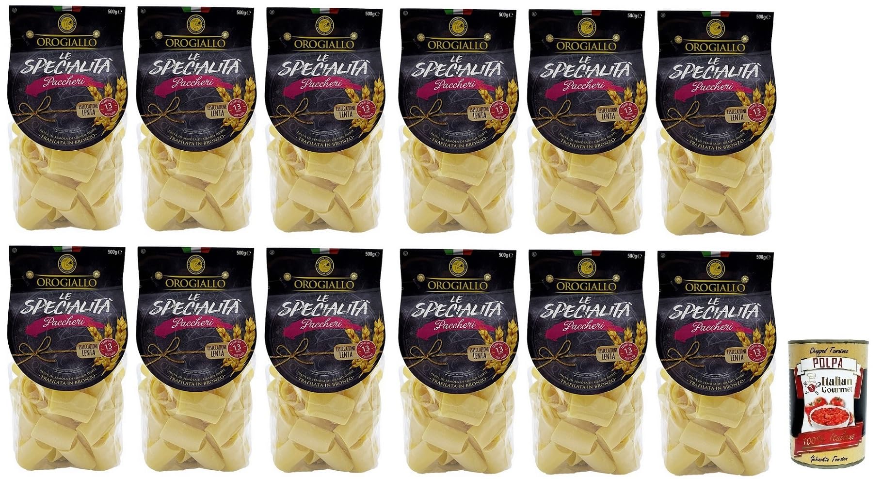 Oro Giallo Paccheri Pasta, 12 pastas italianas de sémola de trigo duro, 500 g + lata italiana Gourmet Polpa di Pomodoro de 400 g