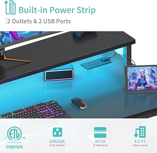 Miniatura 6 de Lufeiya Escritorio para juegos negro con luces LED y tomas de corriente, escritorio de 40 pulgadas para adolescentes, escritorio de estudio para