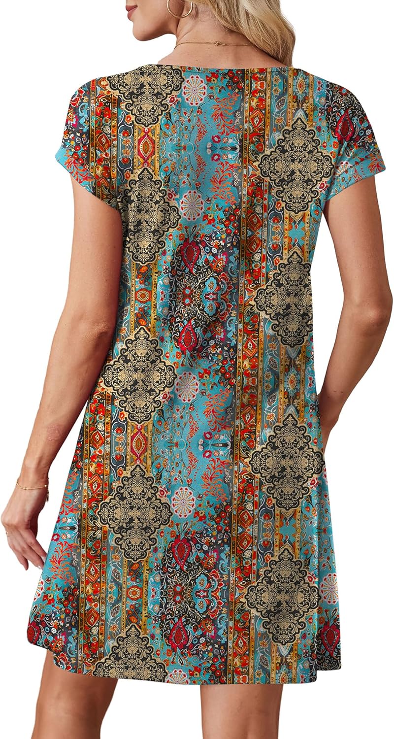 OFEEFAN Summer Dresses for Women 2026 Loose Square Neck Cap Sleeve Casual Beach Vacation Tshirt Dress Sundresses with Pockets - Image 5