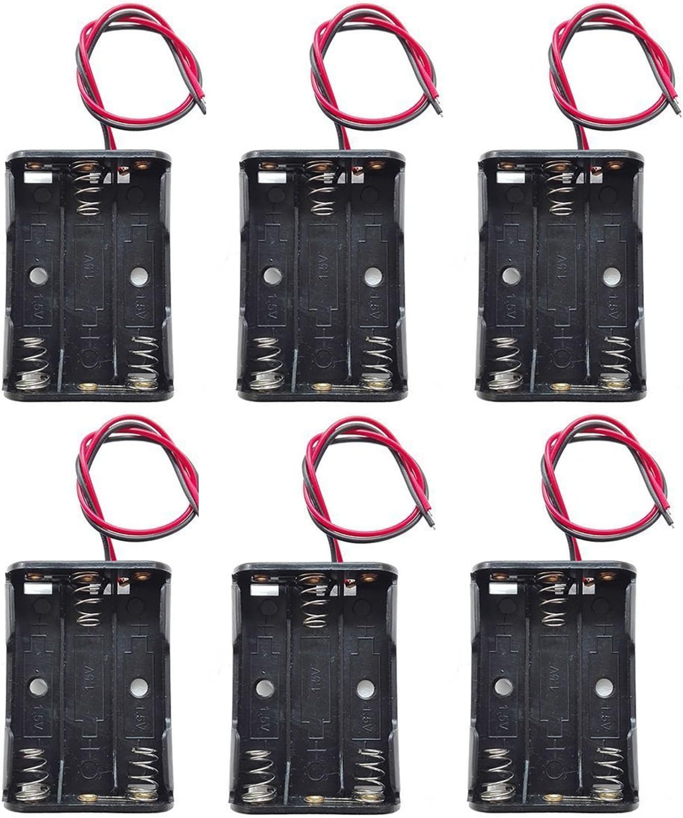 6PCS 3 x 1.5V AAA Battery Spring Clip Black Plastic 3 x 1.5V AAA Battery Case Holder Box Black Red Wire Leads