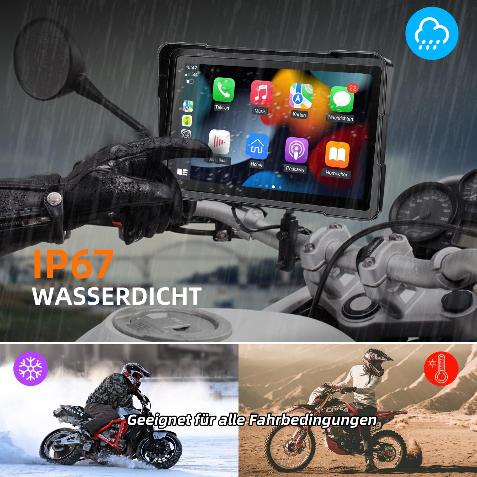 7 Zoll Motorrad Display mit Wireless CarPlay & Android Auto, 1000 Nits Helles Motorrad Navi Touchscreen, IP67 Wasserdicht, Dual-Stromversorgung (Acc/USB), Sprachsteuerung für Navigation & Musik