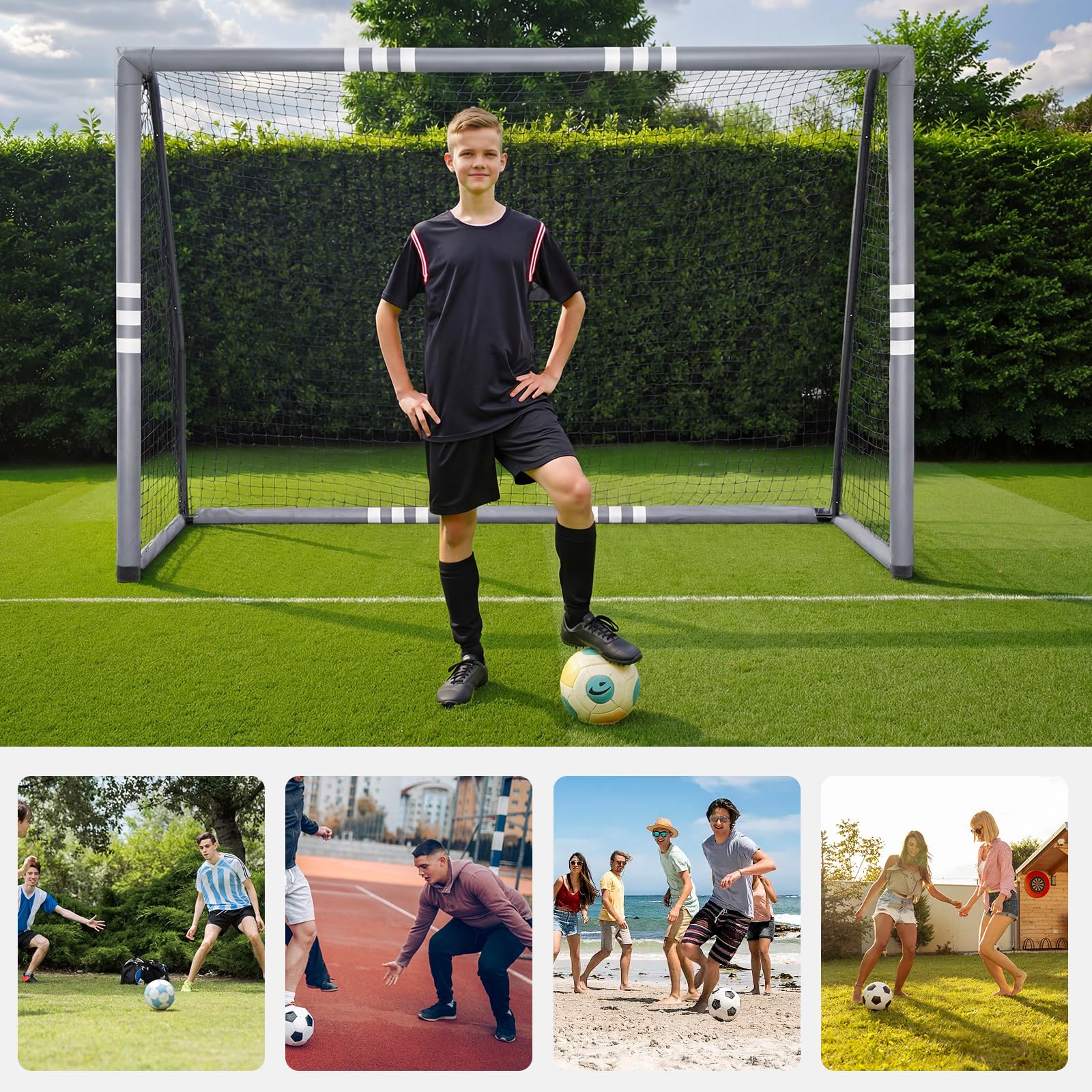 LARMNEE But de Football de 240 cm, Cage de Foot pour Enfant et Adulte, But de Football avec Mousse de Protection, Cage de Foot résistante aux intempéries, Filet en PE
