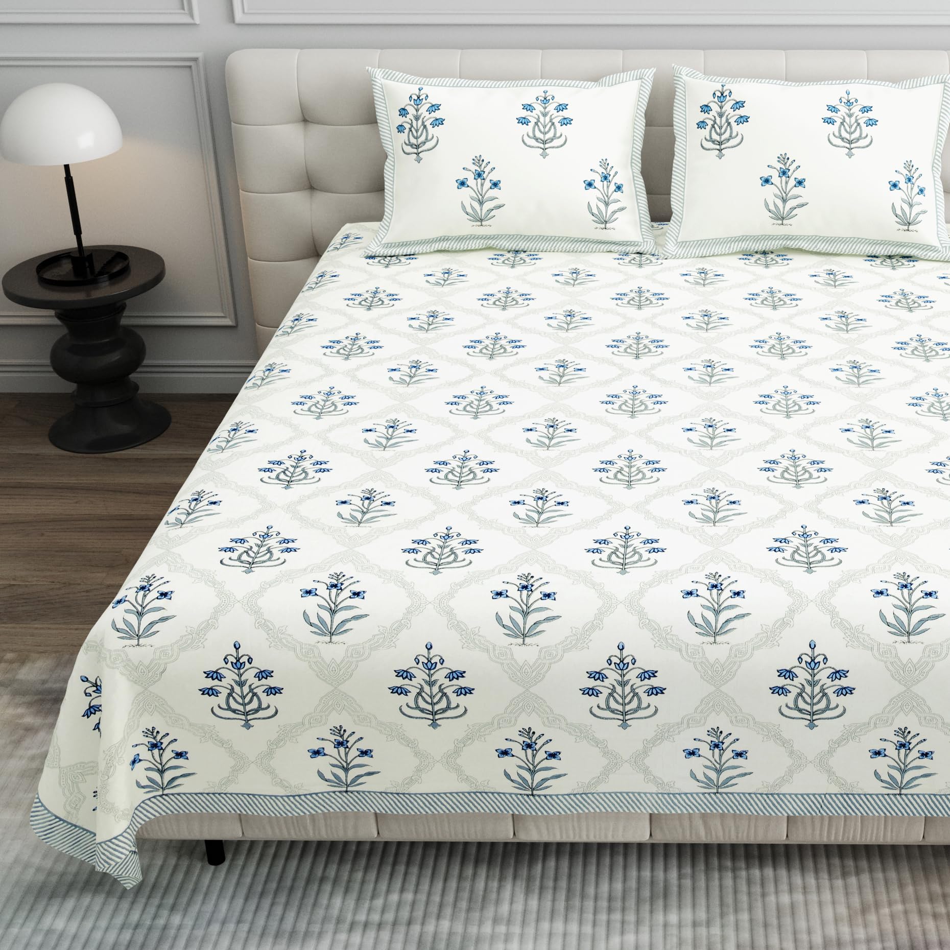 Urban Jaipur Pure Cotton Bedsheet for King and Queen Size Bed (90x108 Inches) | Jaipuri Bedsheet Animal Print for Double Size Bed with 2 Pillow Covers - Soft and Breathable (White, Blue Multicolor)