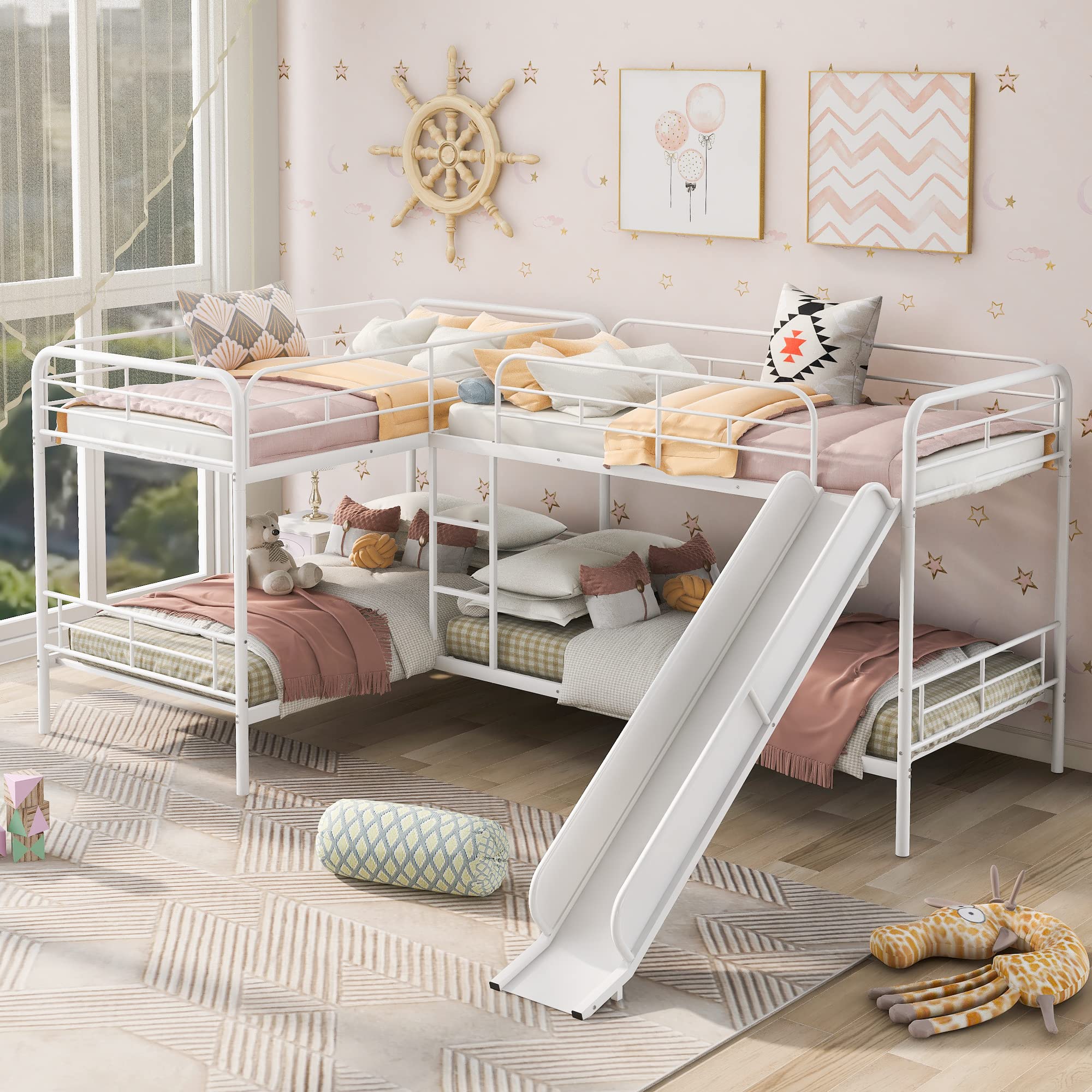 Four Bunk Bed Twin L Shaped Bunk Bed with Slide, Bunk Bed L-Shaped Beds for Accommodating 4, Family, Teens, No Box Spring Needed