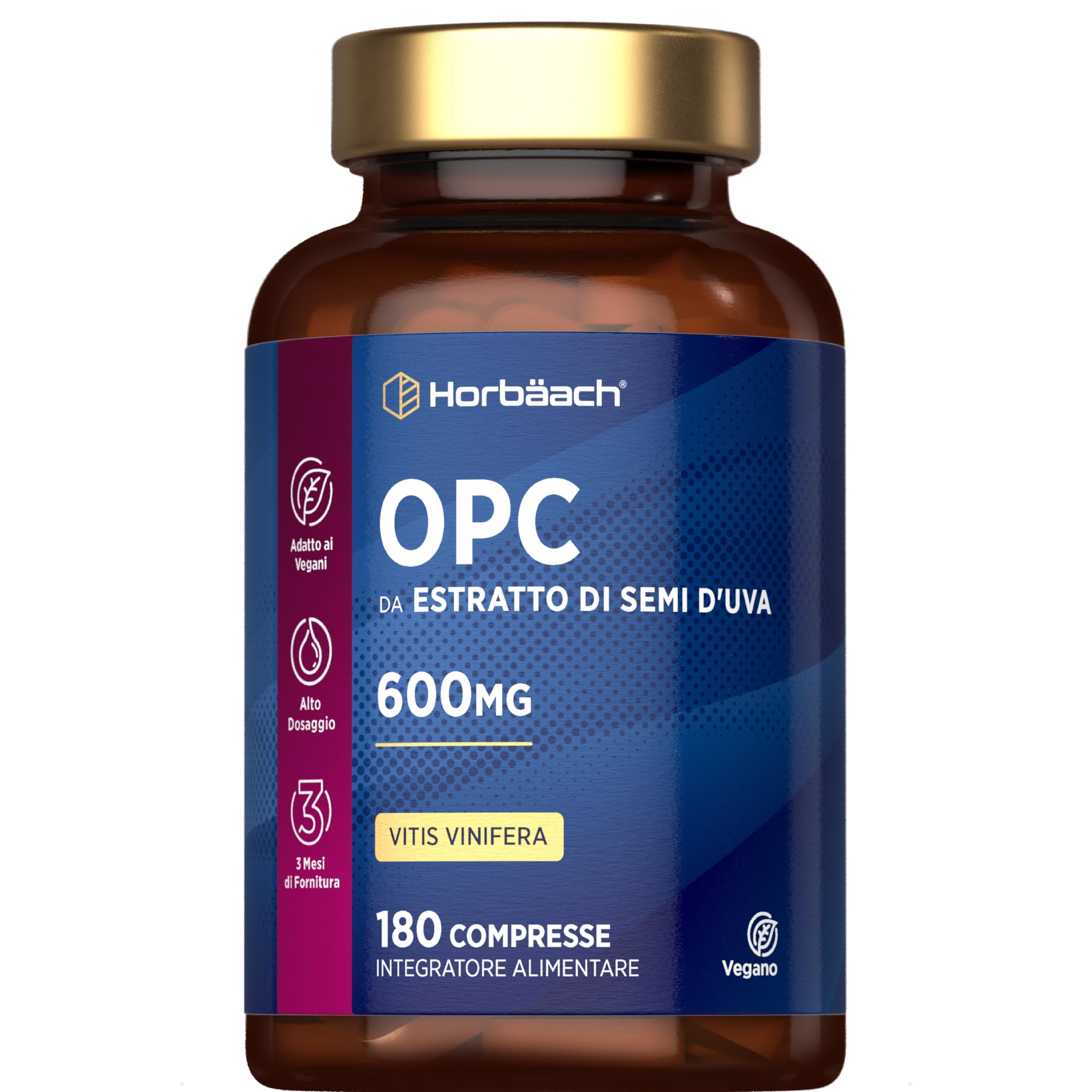 OPC Integratore | 180 Compresse Vegane | Proantocianidina Oligomerica 95% | 600mg di OPC Estratto di Semi d'Uva | Alto Dosaggio | Grapeseed Extract | di Horbaach