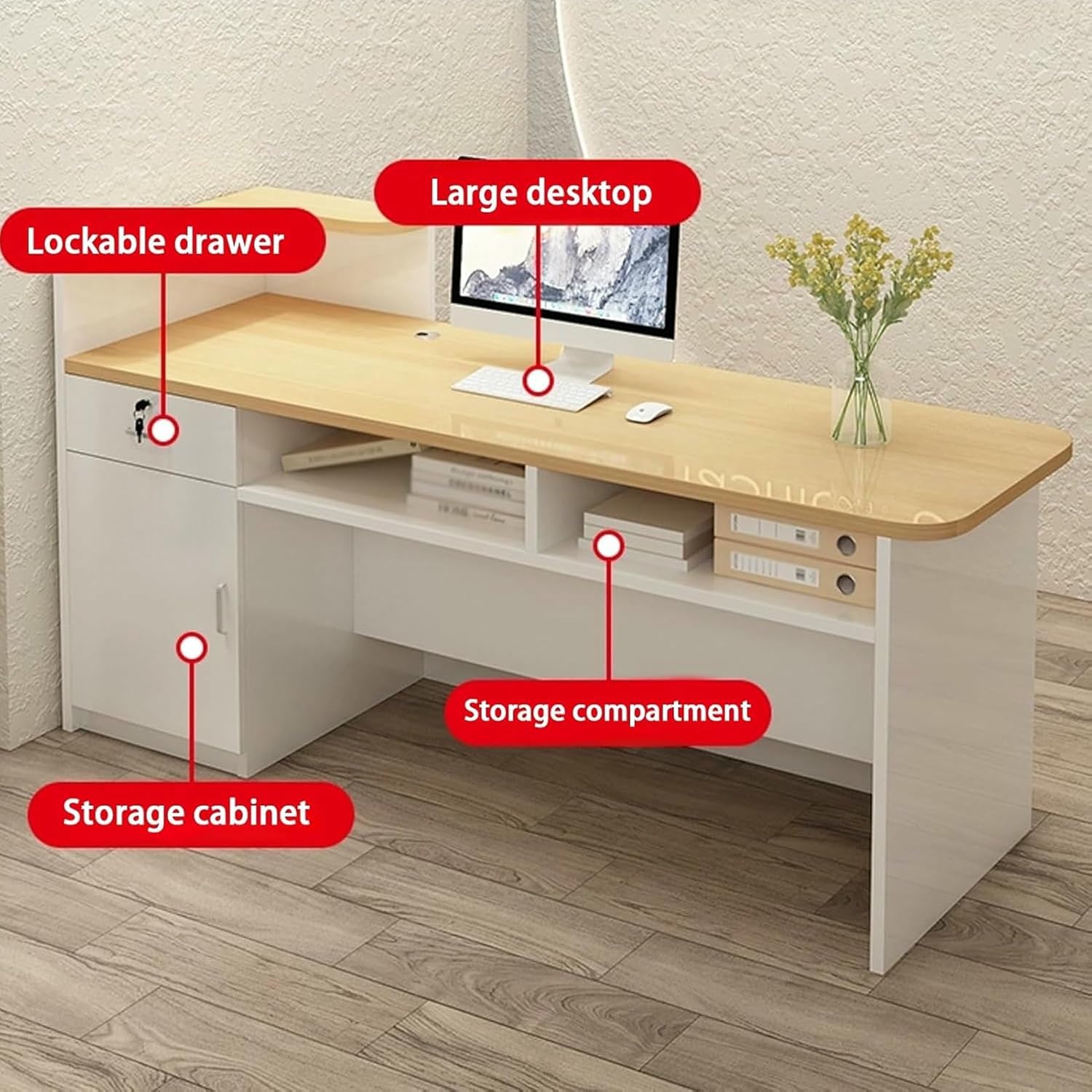 Reception Desk, Retail Checkout Counter, Front Desk Reception Counter, Wooden Checkout Office Desk with Lockable Drawer and LED Light, for Salon Reception Room Store Hotel(White+Beige L,100cm/3