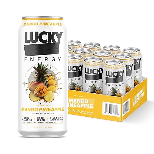 Lucky Energy Bebidas energéticas sin azúcar, mango y piña, latas de 16 onzas (paquete de 12) Bebida energética saludable, sin azúcar con maca,