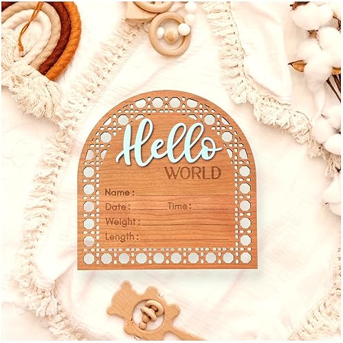 Bleed Proof Engineered Wood, Baby Announcement Sign, Hello World Newborn Sign, Birth Announcement Sign, Newborn Announcement Sign - 5.5"