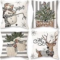 Vista 1 de ONWAY Fundas de Almohada de Rayas Navideñas 16x16 Juego de 4 Muñeco de Nieve Reno Guantes Almohadas Decorativas Decoración Navideña de Invierno