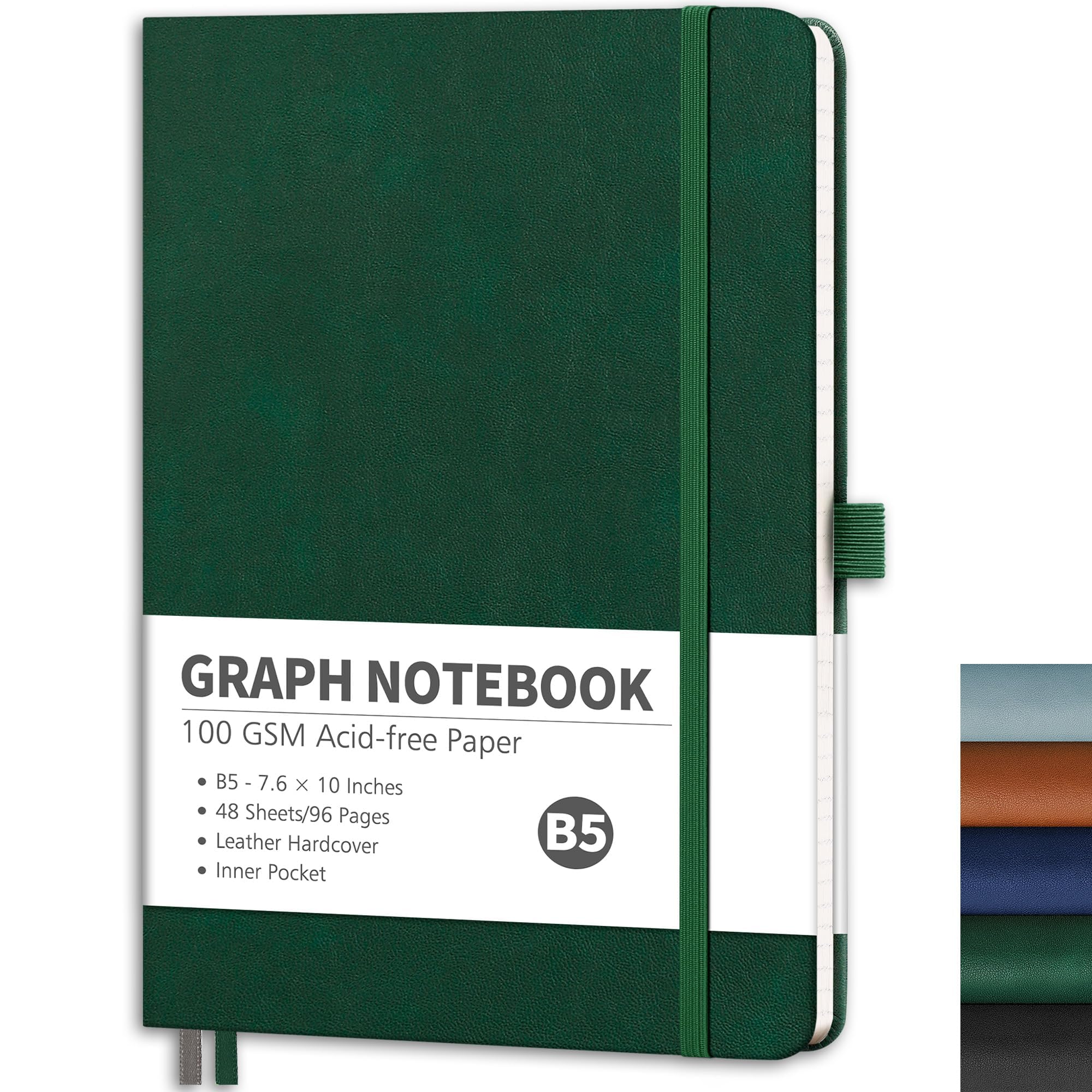 RETTACY Graph Grid Paper Notebook, 96 Pages, B5 Medium Size (7.6'' x 10''), 5 Squares per Inch, Leather Hardcover, 100 GSM Thick Paper, for School, Students, Math, Engineering (Dark Green)
