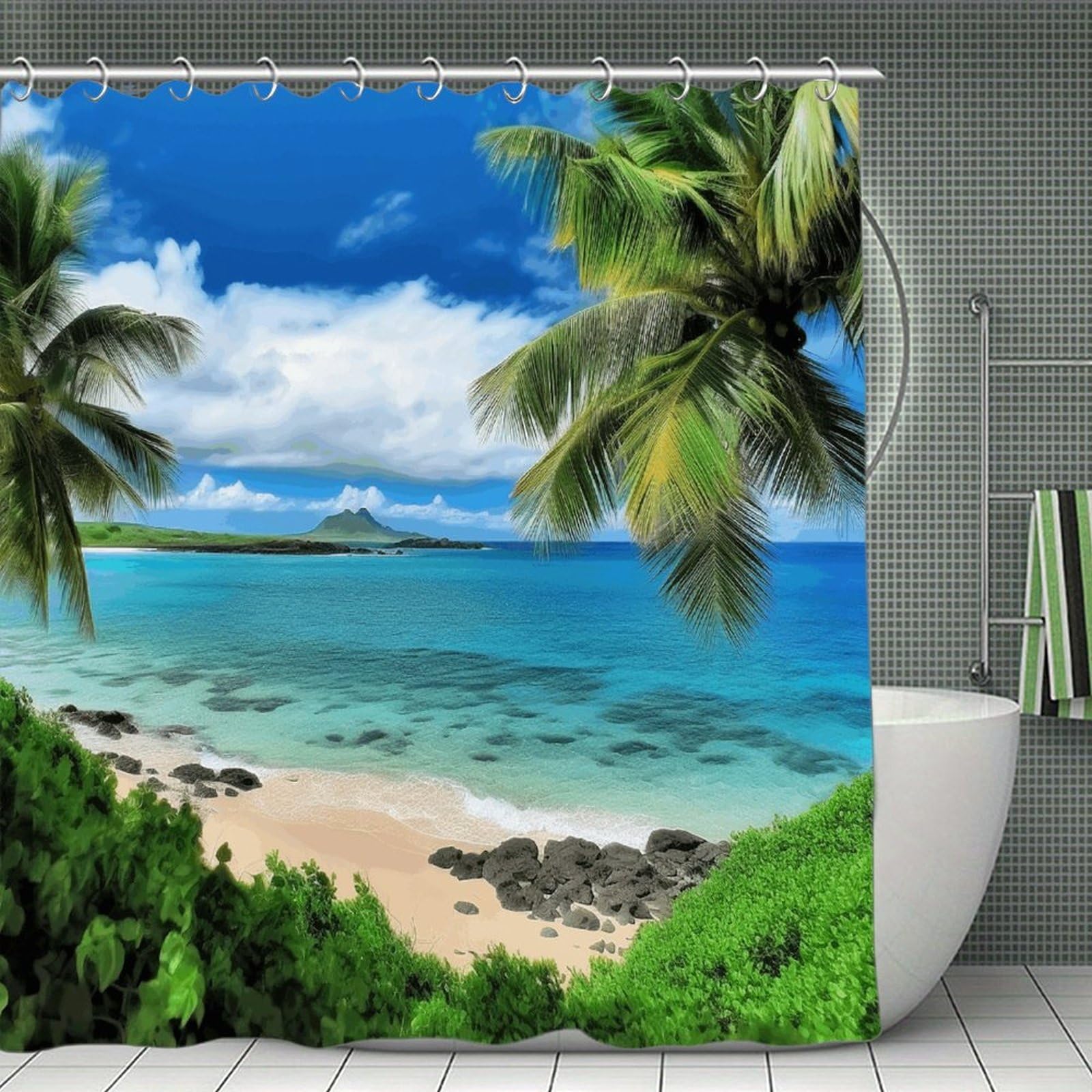 VstaDank Tropical Palm Tree Hawaii Beach Bath Curtain Elegant Heavy Duty Shower Curtains 70x70 in Rustic Farmhouse Cloth Shower Curtains Neutral Modern Bath Curtain for Bathroom