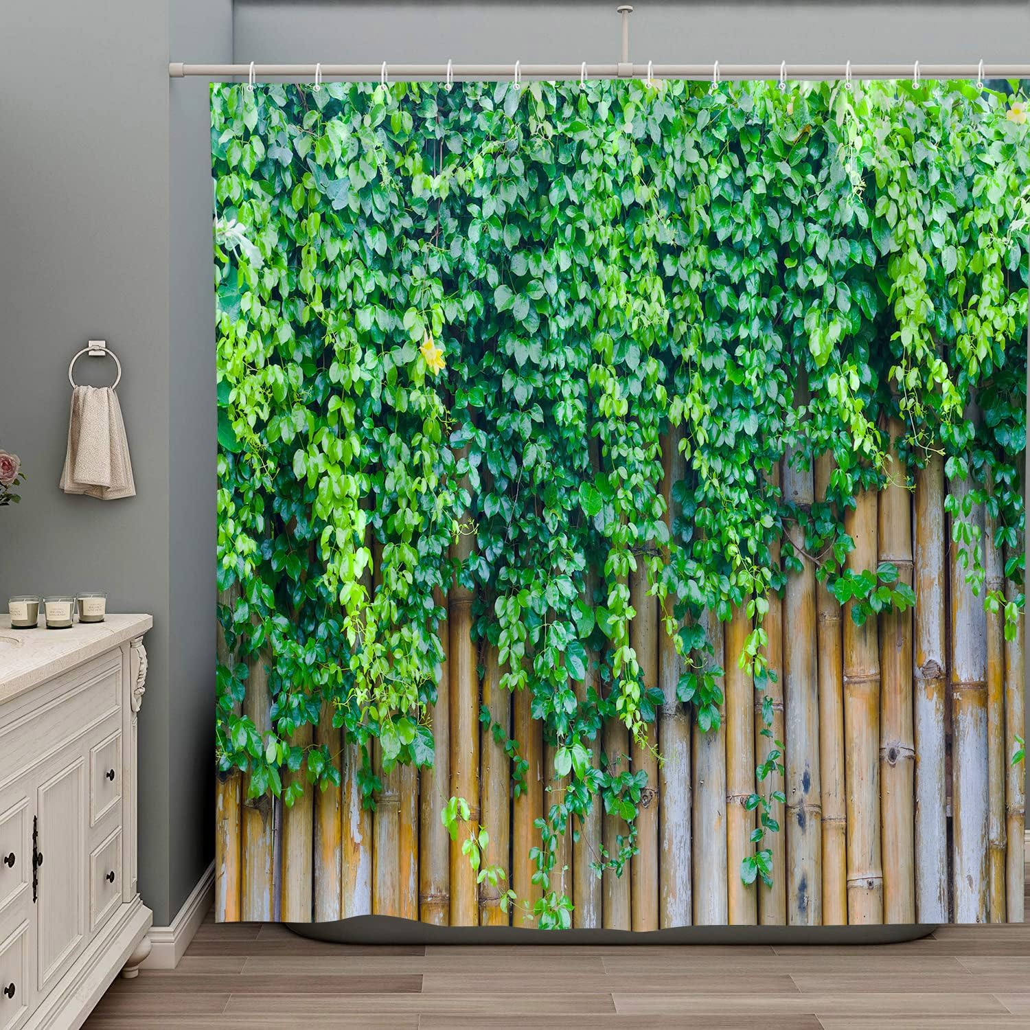 Stone Brick Wall Shower Curtain Green Leaves Garden Landscape Nature Plant Scenery Rustic Marble Rocks Stone Wall Bathtub Curtains Fabric Bathroom Accessories with Hooks 118Wx70H Inch