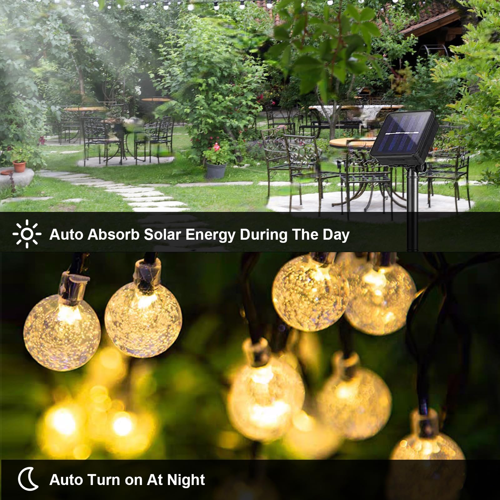 LQWELL® Catena di luci a energia solare per esterni, giardino, luce a energia solare, sfere di cristallo, 20 LED, 5 m, IP44, 8 modalità, per esterni, giardino, terrazza (5M 20LED Bianco Caldo)