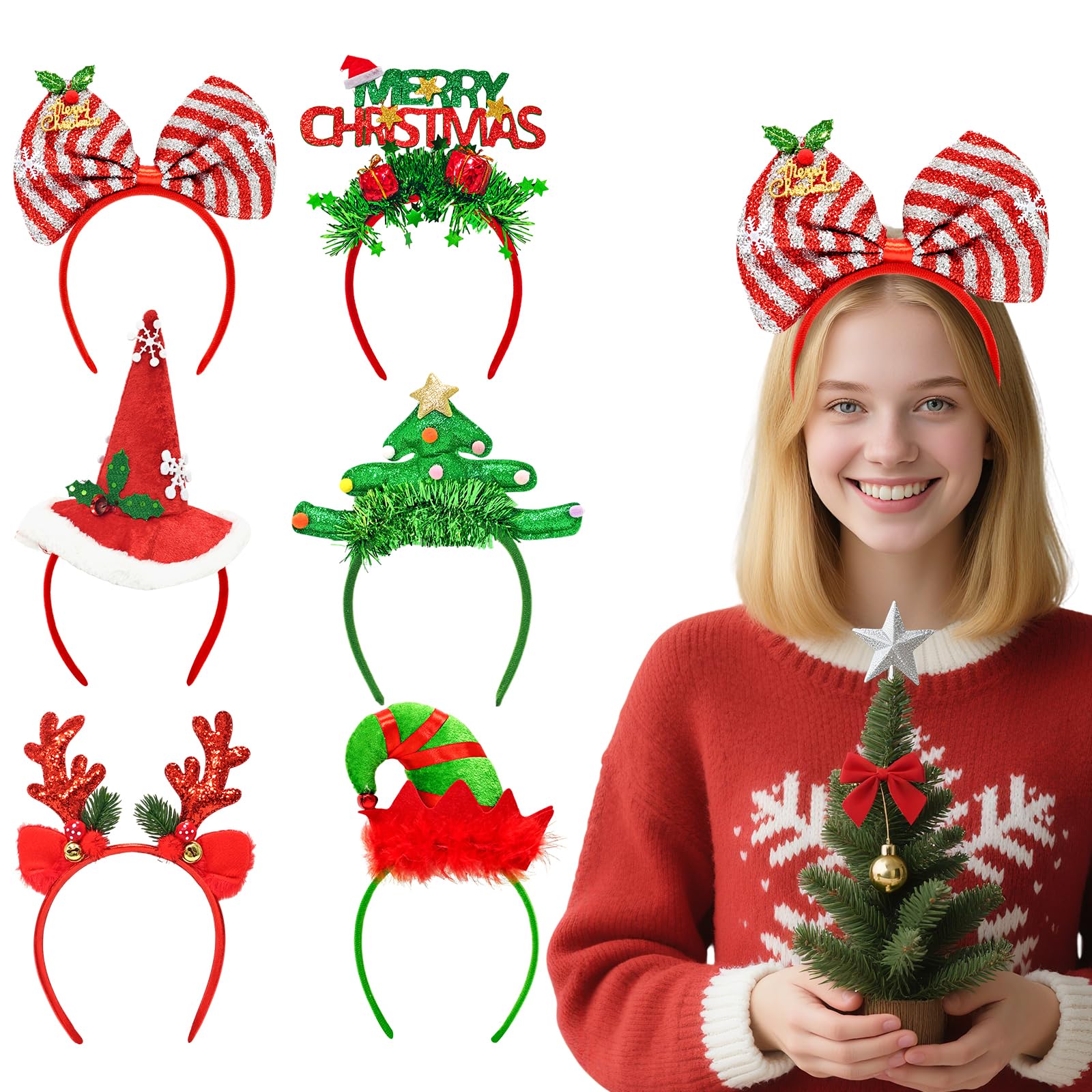 6 Pack Christmas Headband Set, Novelty Christmas Hats and Hair Accessories