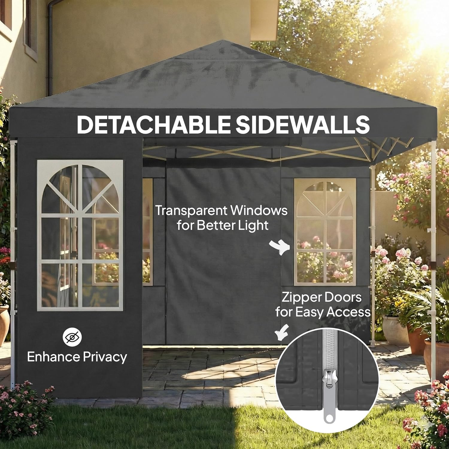 Outsunny 9.6 x 9.6 ft Pop Up Canopy Tent with Sidewalls, One Button Push Setup, UPF50+ Outdoor Portable Instant Canopy Shelter with Carry Bag, Sandbags, Adjustable Height for Parties Events, Dark Gray