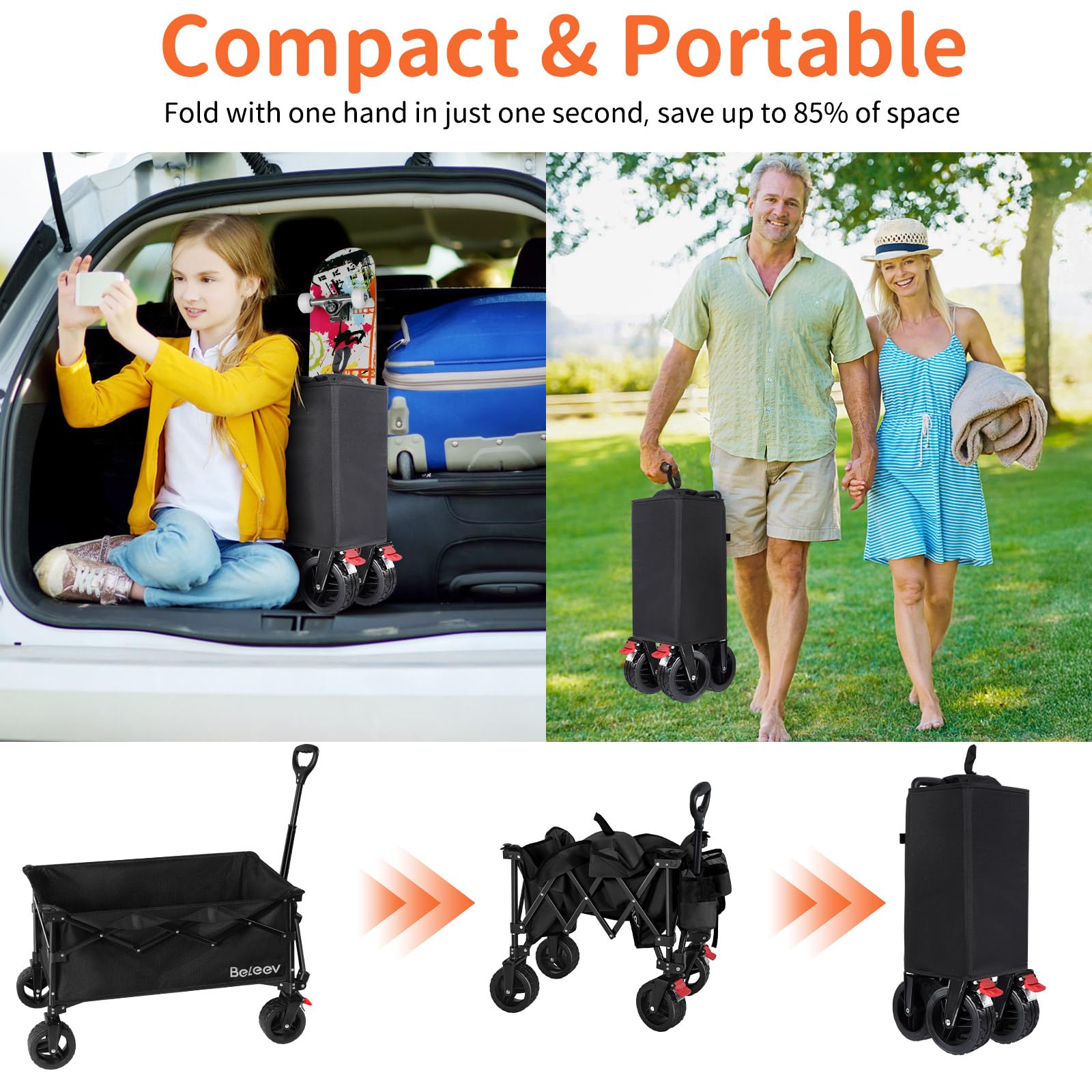 BELEEV Bollerwagen Faltbar mit Bremsen, Handwagen Faltbarer Groß XXL All Terrain Räder, Seitentasche, Getränkehalter, 100KG 130L Wagon Klappbar Kinder Strandwagen, Gartenkarre, Einkaufswagen, Camping