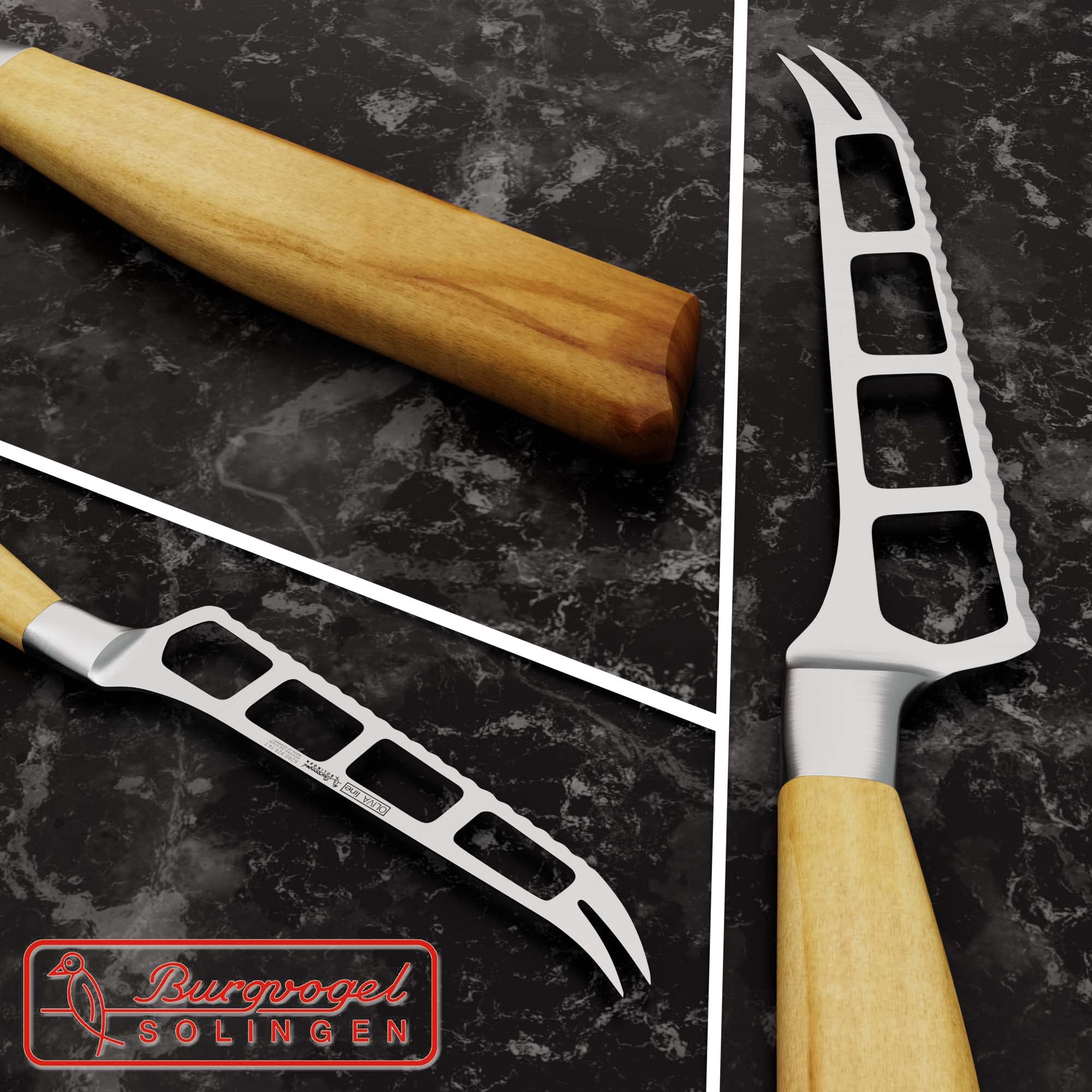 Burgvogel Solingen Käsemesser 14 cm geschmiedet Olivenholz, Oliva Line, Rillenwelleschliff, rostfrei, hell, scharf, 6280.926.14.1, braun beige