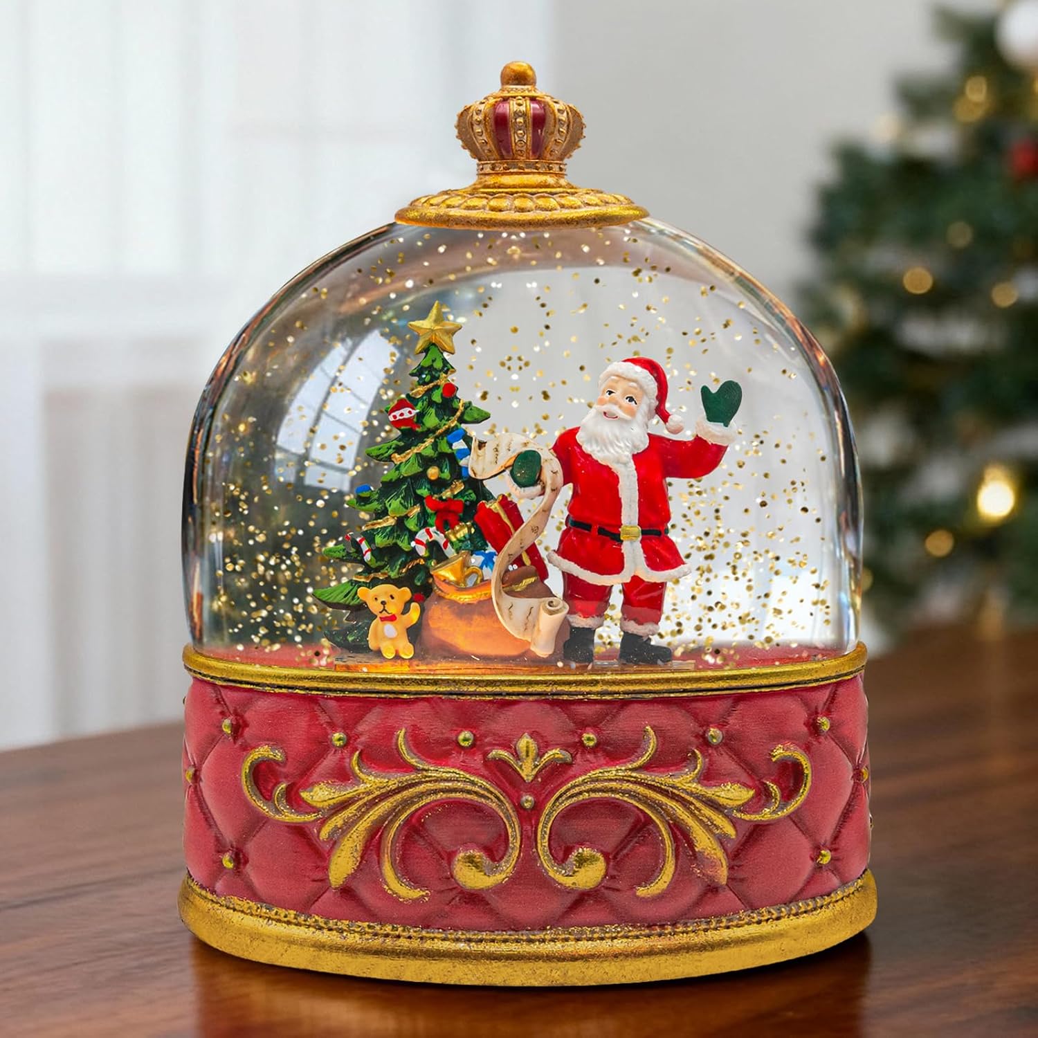 Musical Santa Snow Globe - Lighted Plastic Christmas Snow Globes with LED Lights and Swirling Glitter, Hand Painted Santa Claus Decoration Playing 8 Holiday Songs, Gift for Adults and Kids