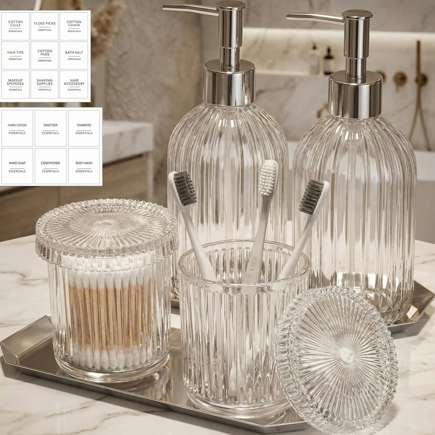 Yaomiao 7 Pack Amber Glass Bathroom Accessories Set, 2 Pcs Cotton Swabs Jar with Lids, 2 Pcs 18 oz Soap Dispenser with Pump and 2 Trays and Labels for Bathroom Kitchen Counter Organizer Vintage Gift