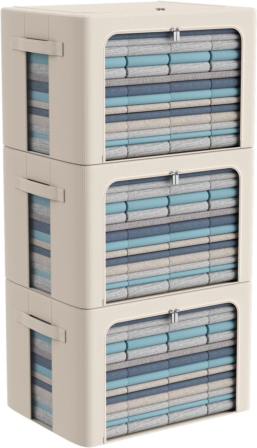 CYhom 3Pack Frame Storage Box - Clothes Storage Bin Bags Oxford Fabric Foldable Stackable Container Organizer Set with Clear Window & Carry Handles Large Capacity (Beige, Large-66L)