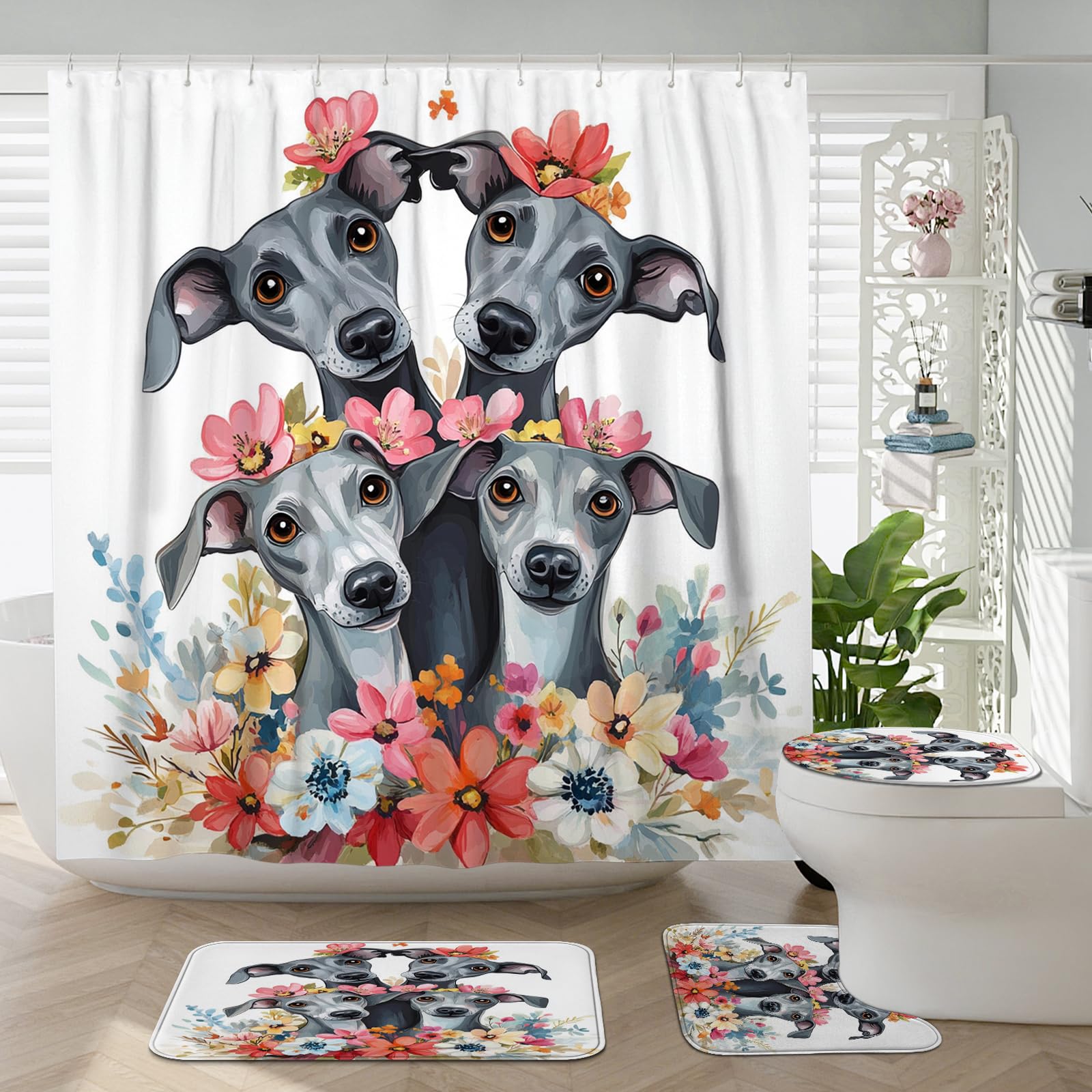 4PCS Spring Funny Greyhound Dog Bathroom Accessory Sets with Non-Slip Rug, U Shape and Toilet Lid Cover Mat, Fun Flower Floral Bathroom Fabric Decor-72''x72''