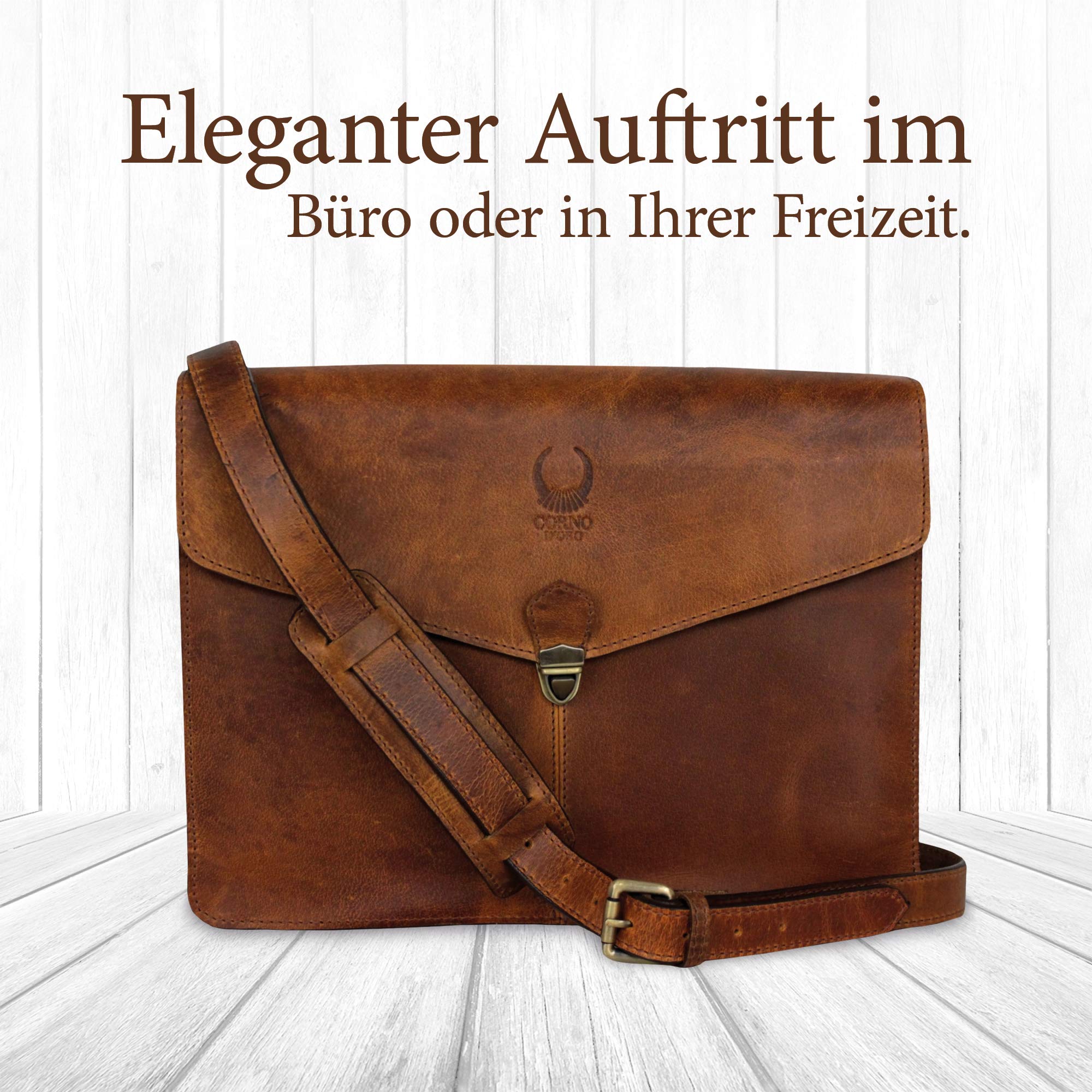 Corno d´Oro Premium Laptoptasche 14 Zoll Laptop Leder I Handgefertigte MacBook Tasche Echt Leder I Umhängetasche Herren Klein Braun für DIN A4 Größe