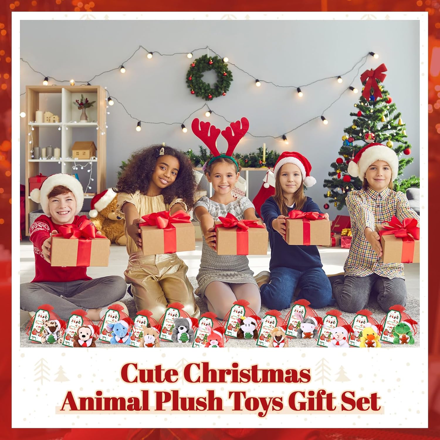 Wiwiqing 36 Pcs Christmas Mini Stuffed Animals Gifts Set 12 Christmas Plush Animals 12 Cards 12 Bags Xmas Small Plush Keychains Exchange Gift Toys for Friend Family Xmas Party Favors Goodie Bag Filler