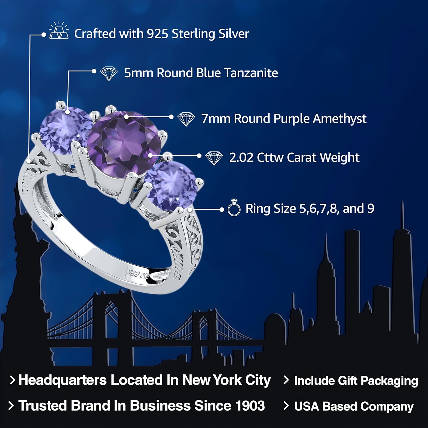 Gem Stone King 2.02 Cttw Purple Amethyst and Blue Tanzanite 3-Stone Ring For Women | 925 Sterling Silver | Gemstone Birthstone | 3 Stone Wedding Engagement Anniversary Promise Ring
