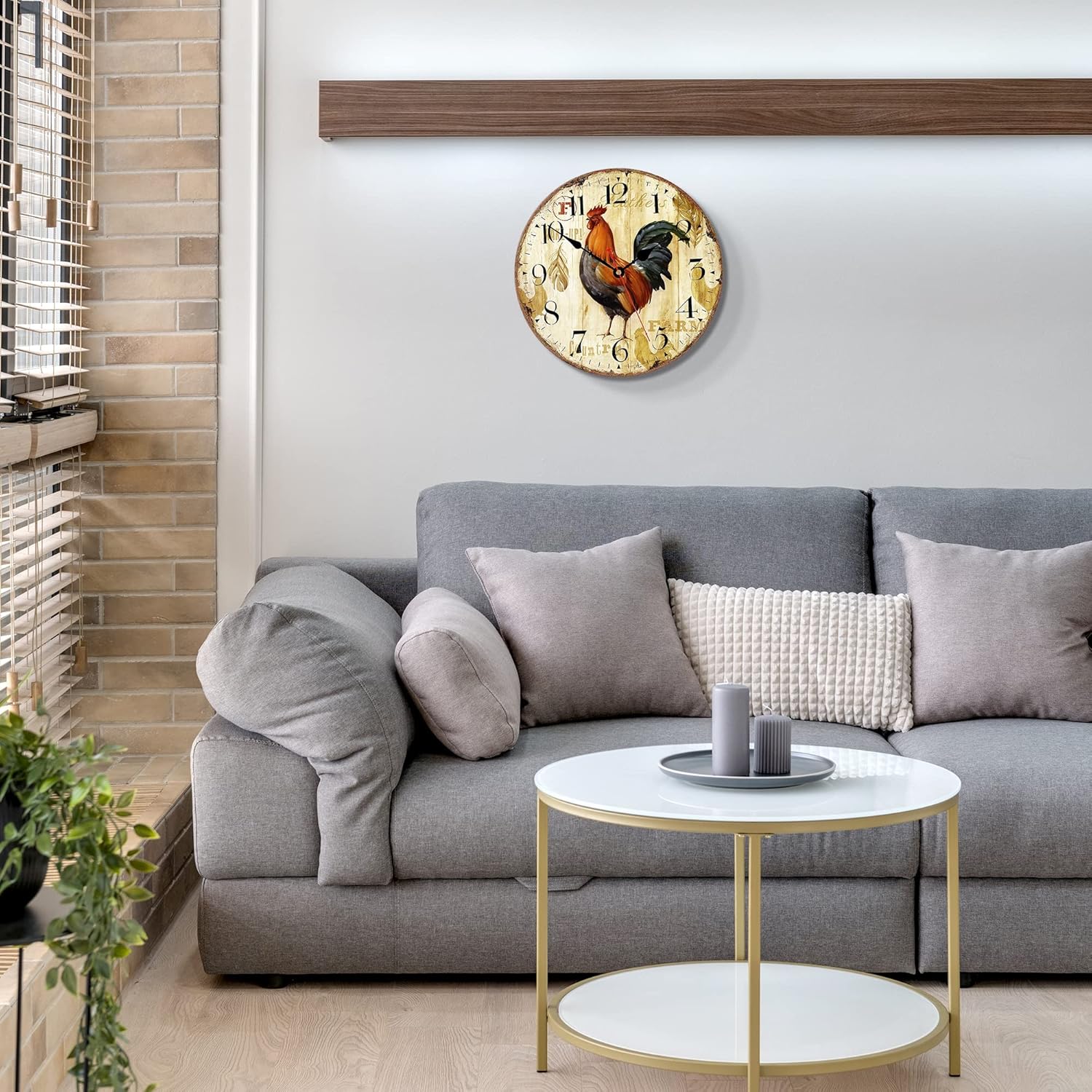 VIKMARI Arabic Numerals Wall Clock Rustic Rooster Style Silent Non-Ticking Quartz Wooden Clock 14 Inch Art Wall Decorative Large Wall Clock for Living Room Bedroom Kitchen and Office