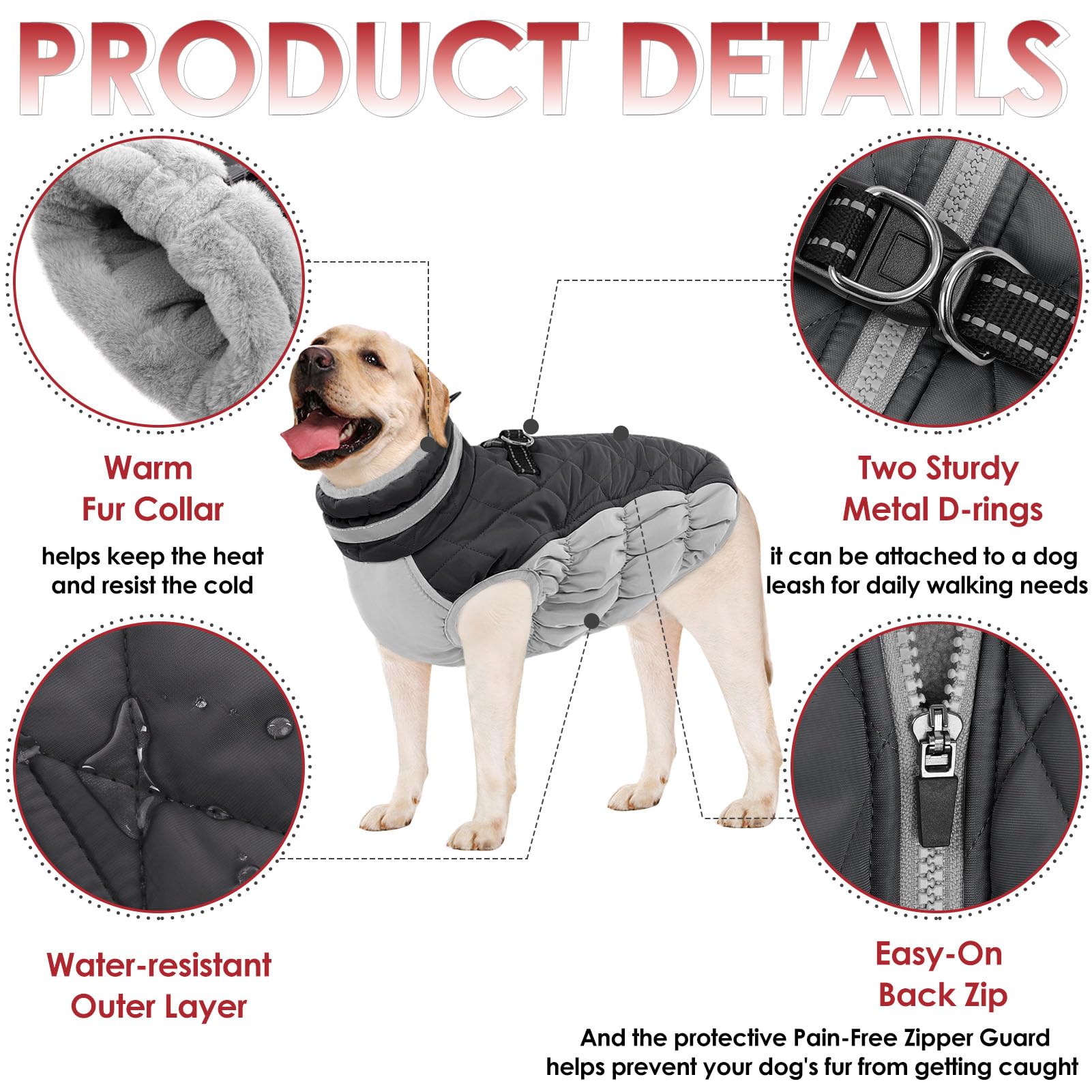 AOFITEE Abrigo para perro, abrigo de invierno cálido para perro, chaqueta reflectante de cuello alto para perros grandes con arnés integrado, chaqueta de invierno para mascotas, chaqueta de invierno