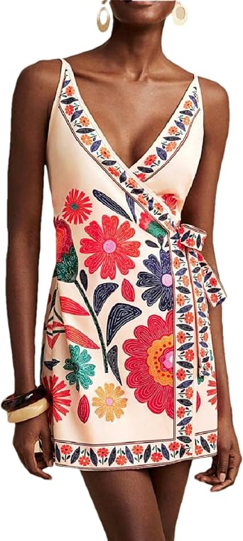 Womens Floral Boho Dress Wrap V Neck Spaghetti Strap Cami Dress