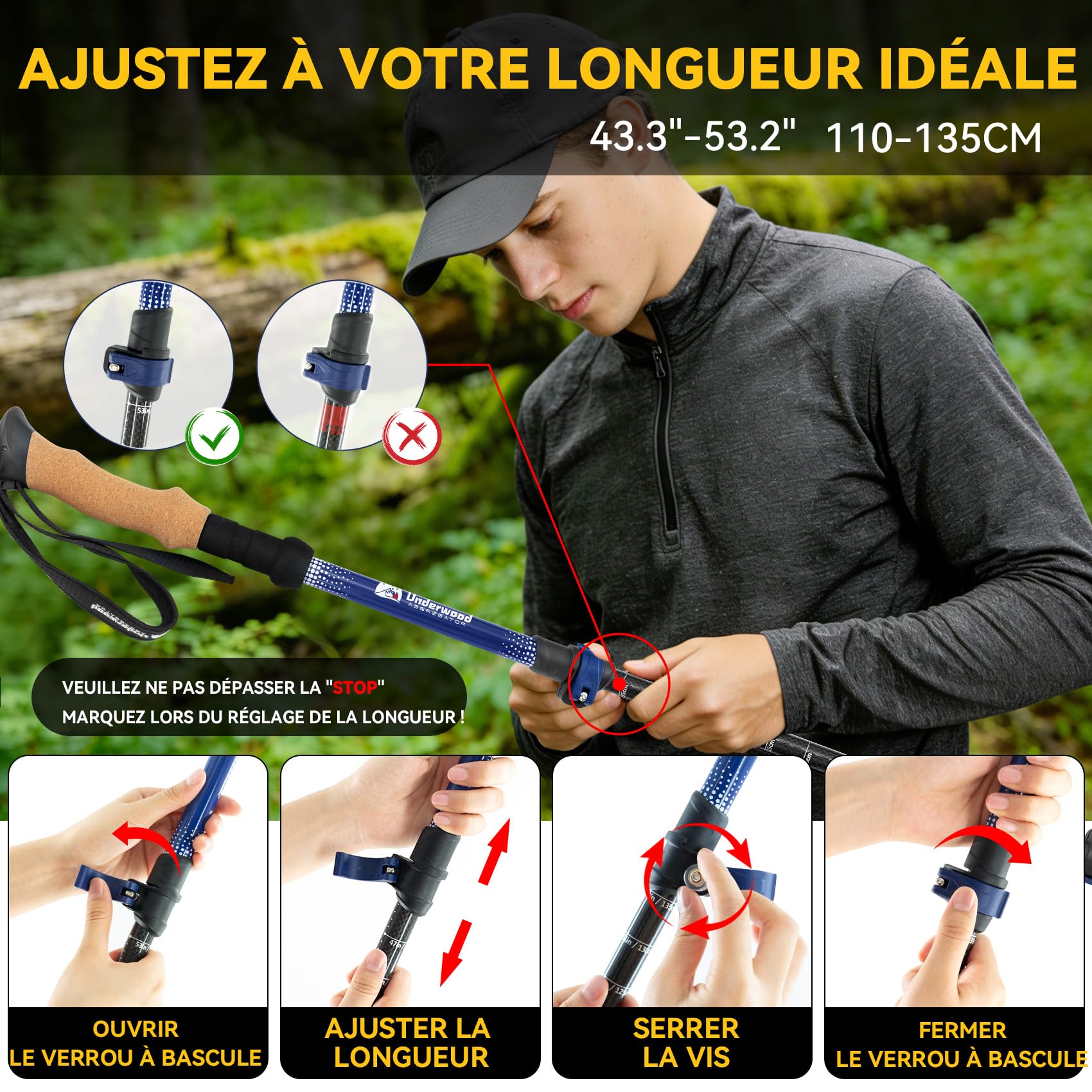 Bâtons Télescopiques en Carbone 2 Stück, Légers 217g avec Poignées Liège | Nordique, Antichoc, Sangles Réglables, 4 Accessoires, pour Femme Homme Randonnée Trail Running Voyage Outdoor Pliable