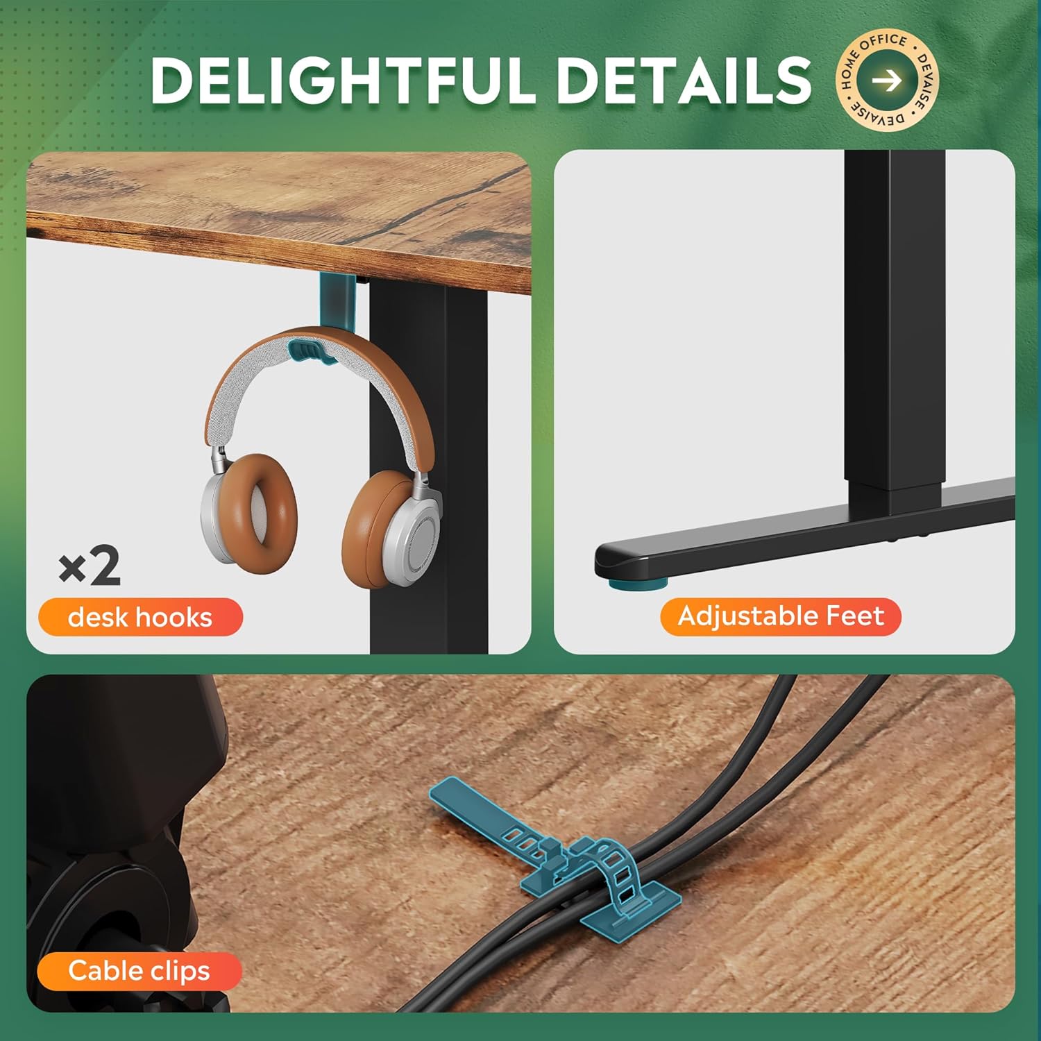 Close-up of desk hooks, adjustable feet, and cable clips