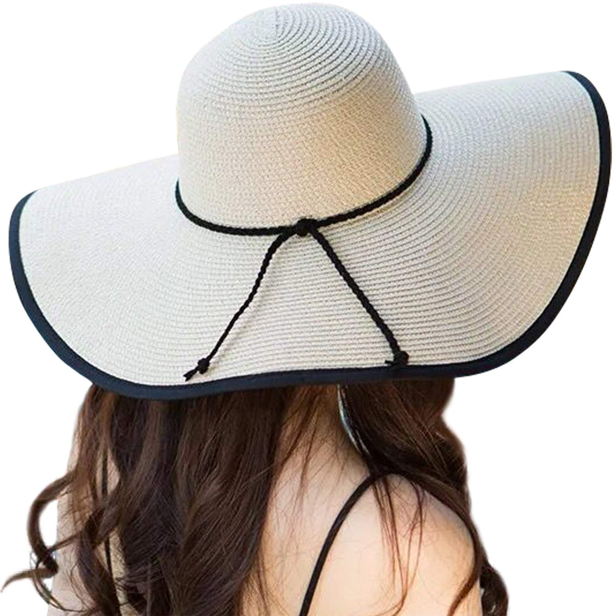 DRESHOW Womens Wide Brim Straw Hat Floppy Foldable Roll up Cap Beach Sun Hat UPF 50+